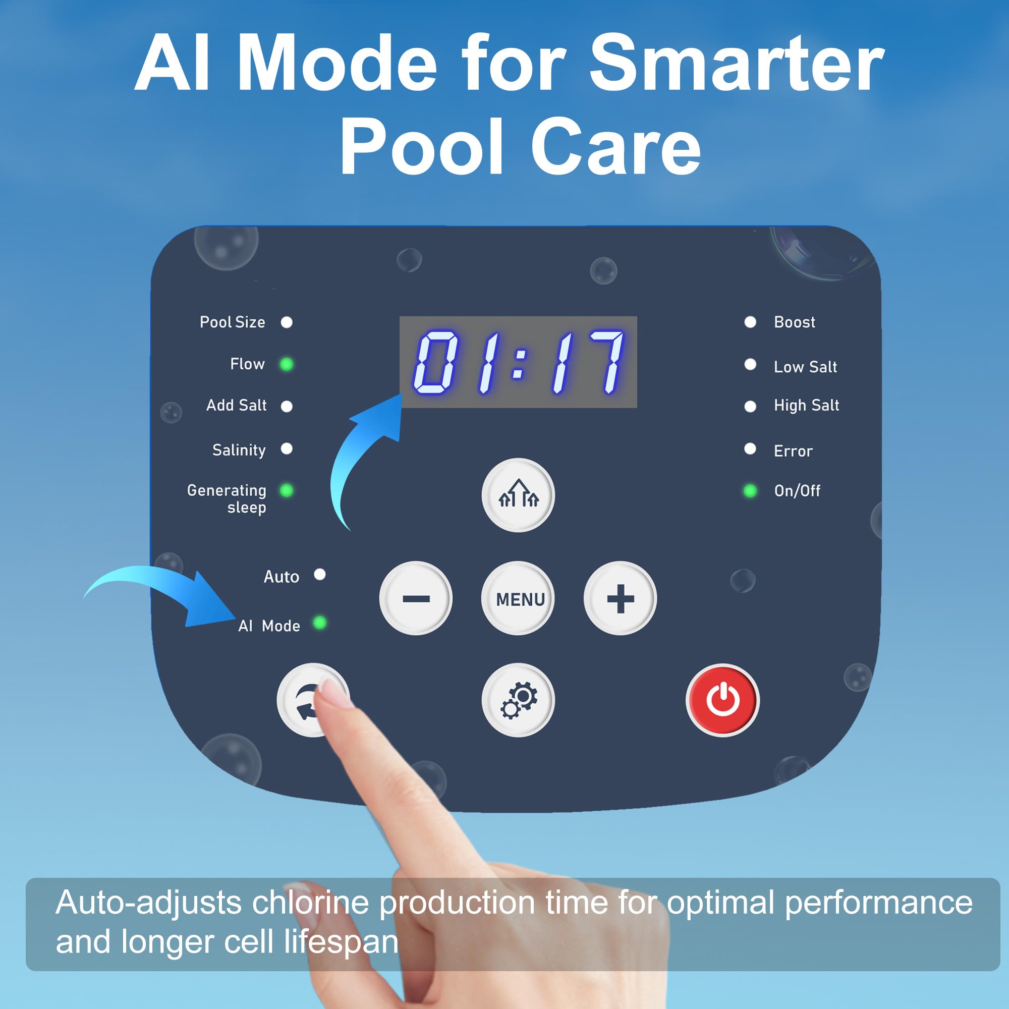 EverCrystal digital display indicating salt levels and AI mode for effortless monitoring