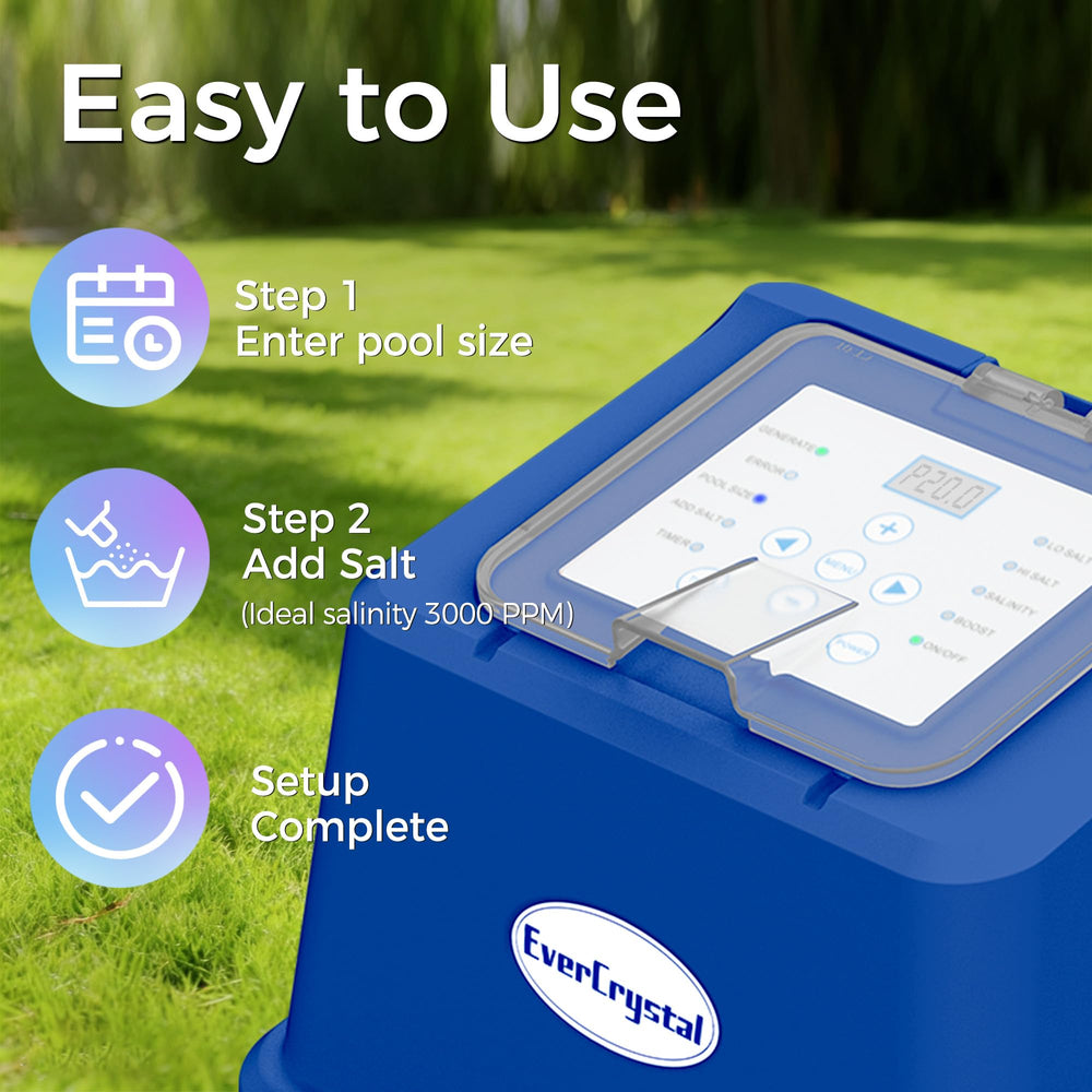 EverCrystal LCD status display showing salt levels and clear monitoring benefit