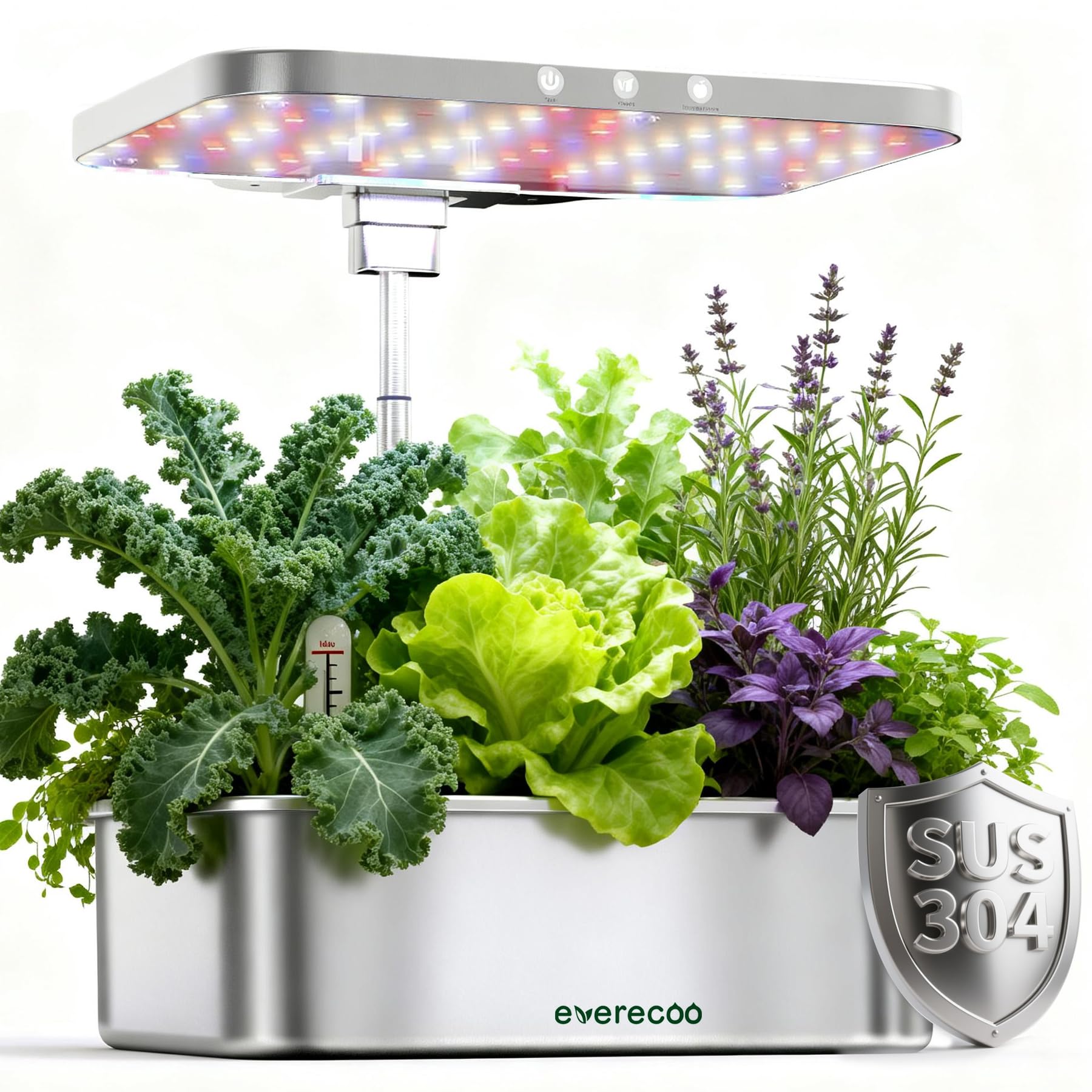 EVERECOO stainless steel front view showing compact hydroponic garden and elegant finish