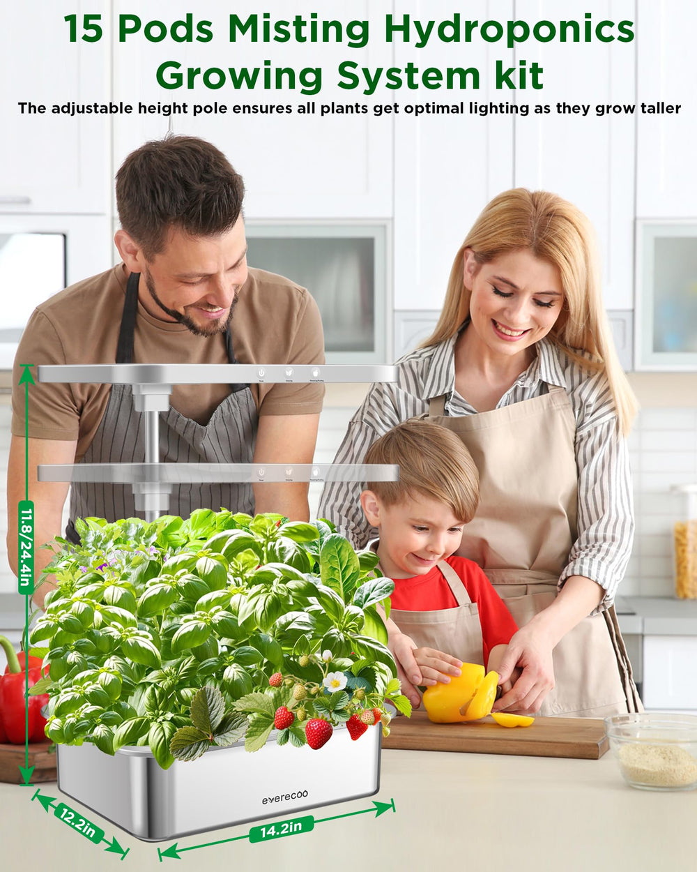 EVERECOO indoor garden on kitchen counter showing fresh herbs ready for cooking