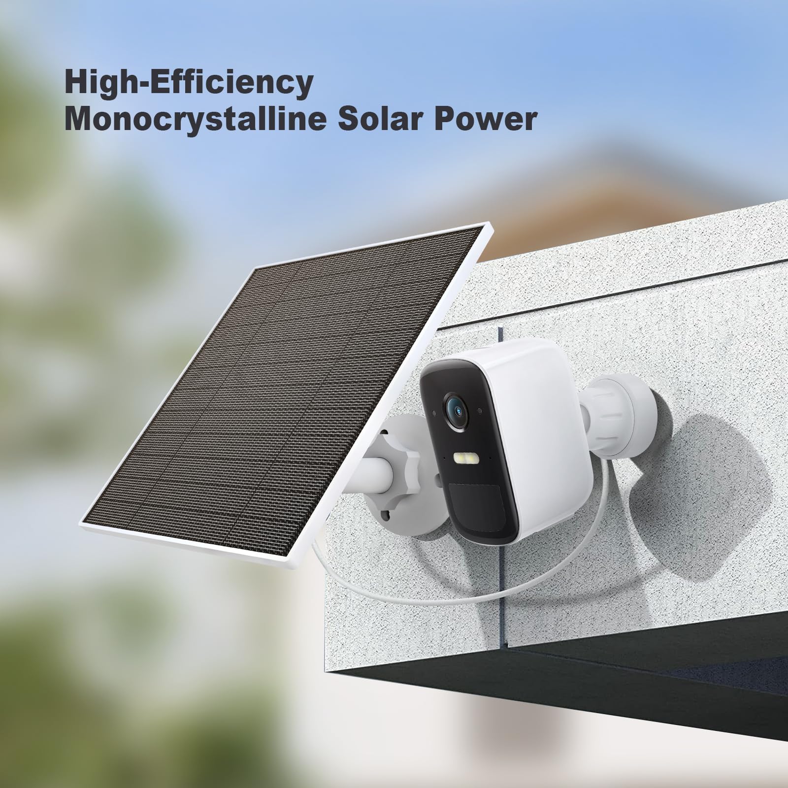 EverExceed solar panel mounted on exterior wall demonstrating stable outdoor charging for Eufy camera