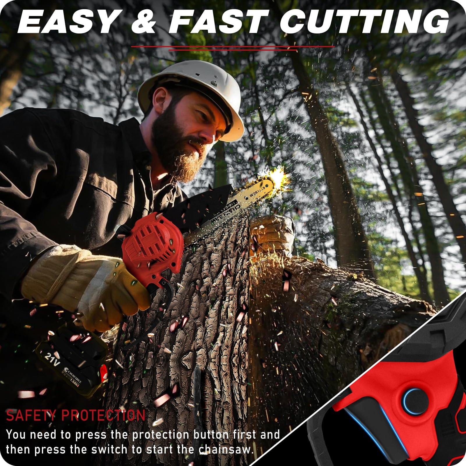 EVERFORCE close-up of 6-inch chain and bar highlighting cutting precision and durability