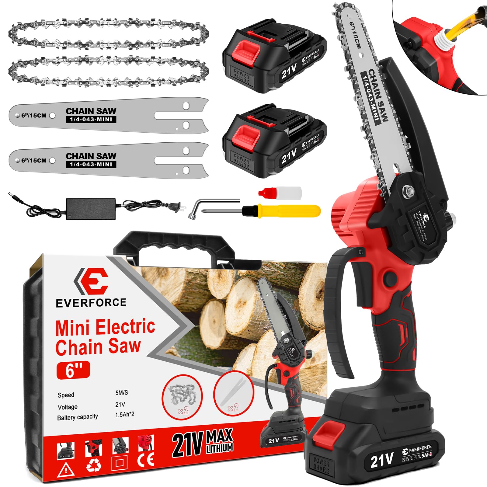 EVERFORCE mini chainsaw front view showing compact design and portability benefit