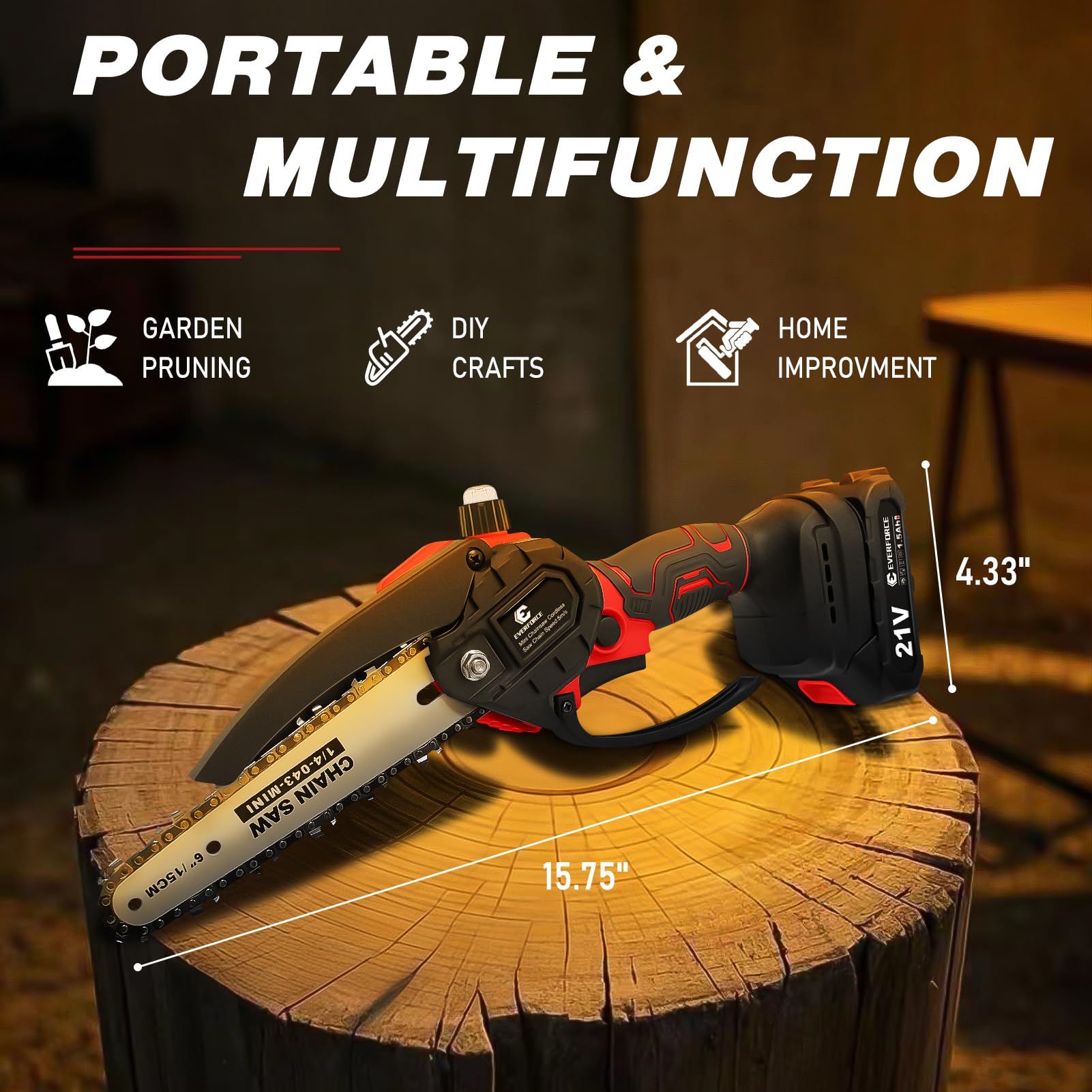 EVERFORCE mini chainsaw placed in yard setting illustrating practical home use