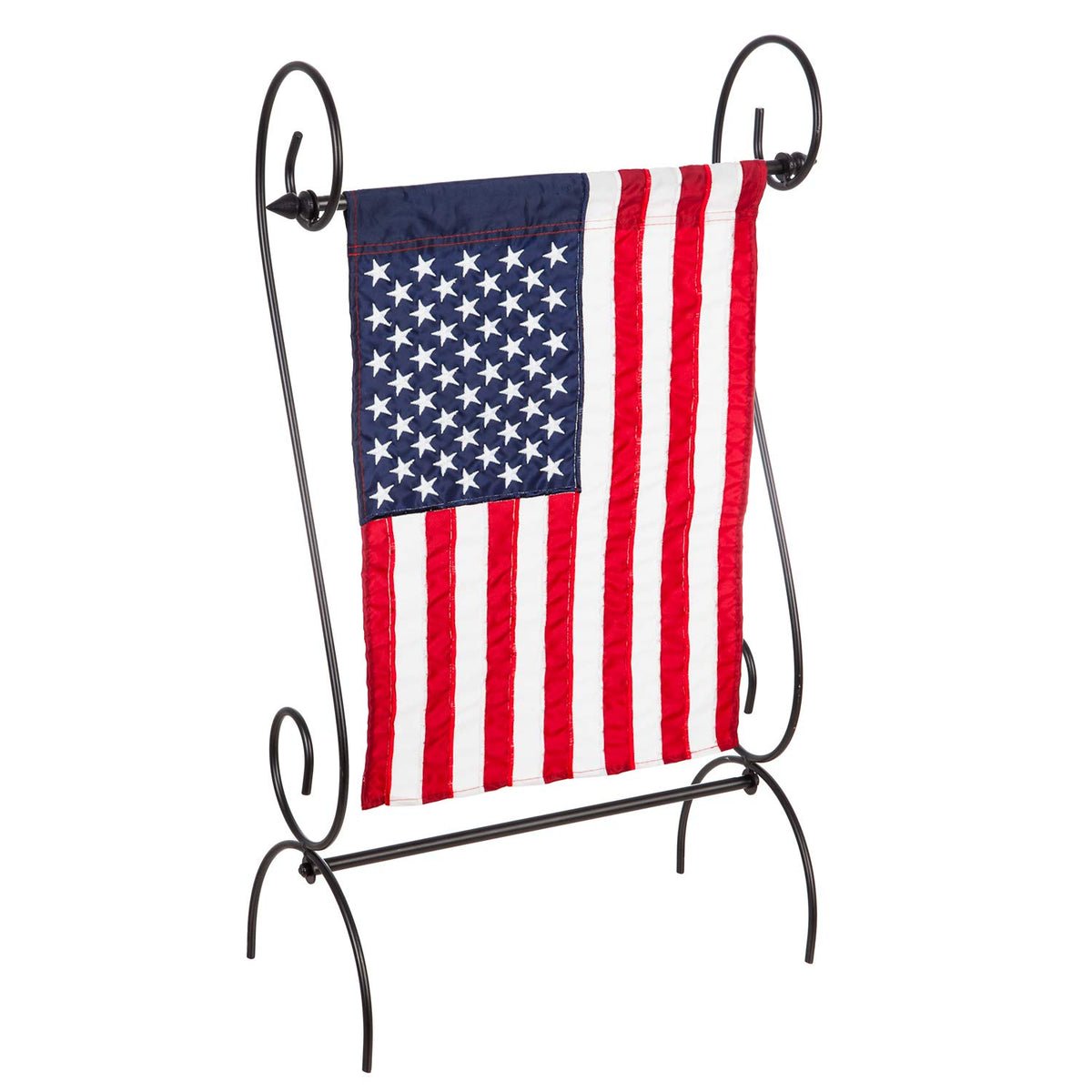 Evergreen Flag front view of metal scroll stand showing stable display benefit