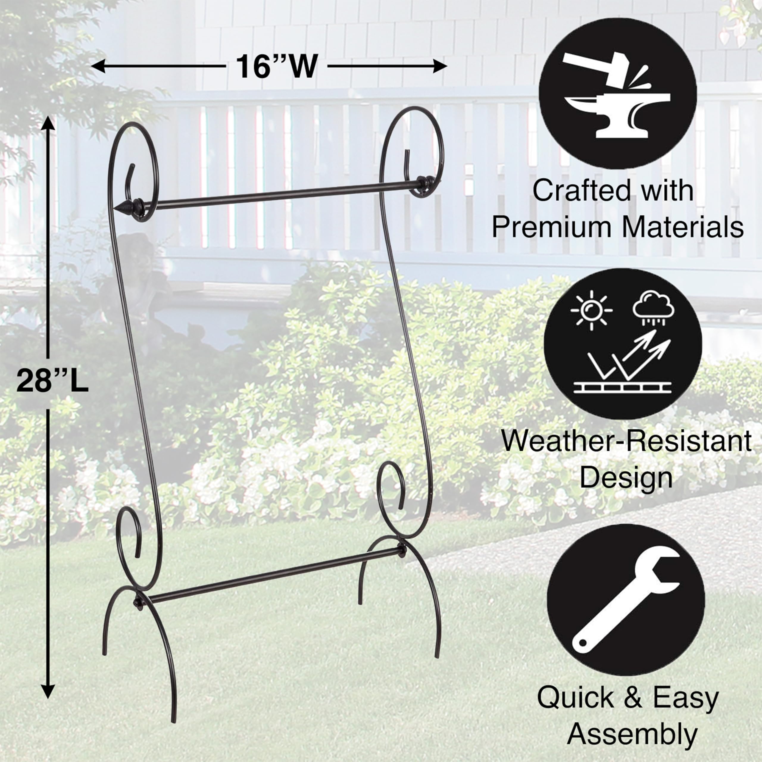 Evergreen Flag stand placed in a planter visualizing quick porch styling