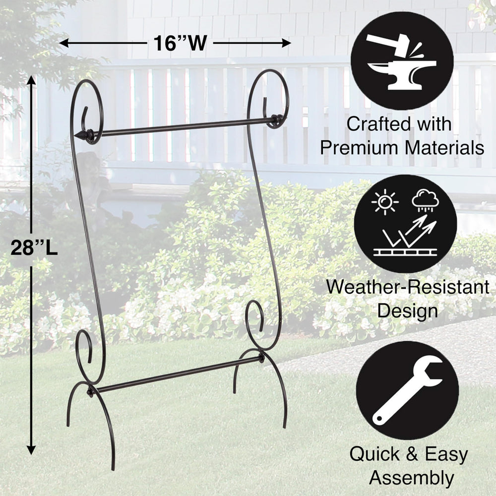 Evergreen Flag stand placed in a planter visualizing quick porch styling
