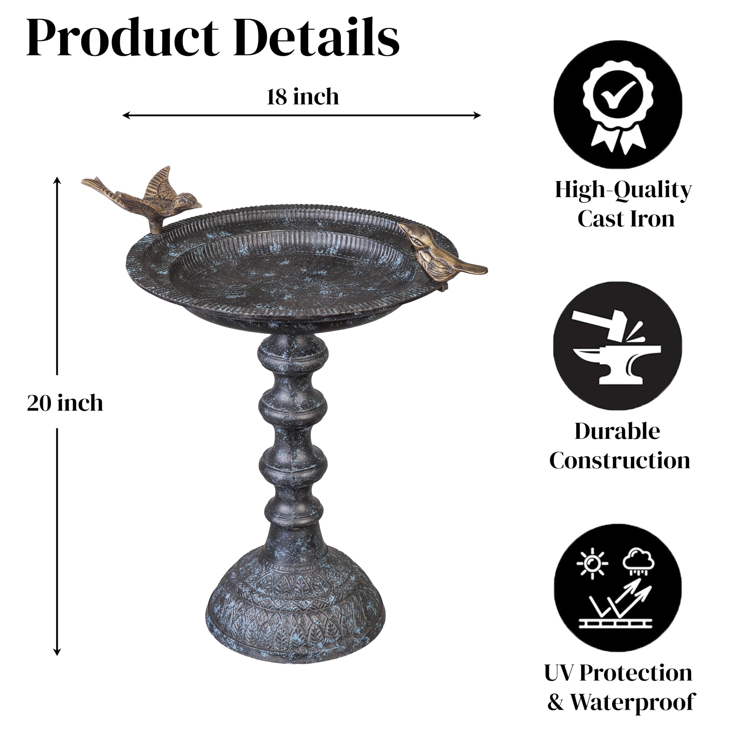 Evergreen Garden bronze bird figurines on rim, adds visual perches to attract birds