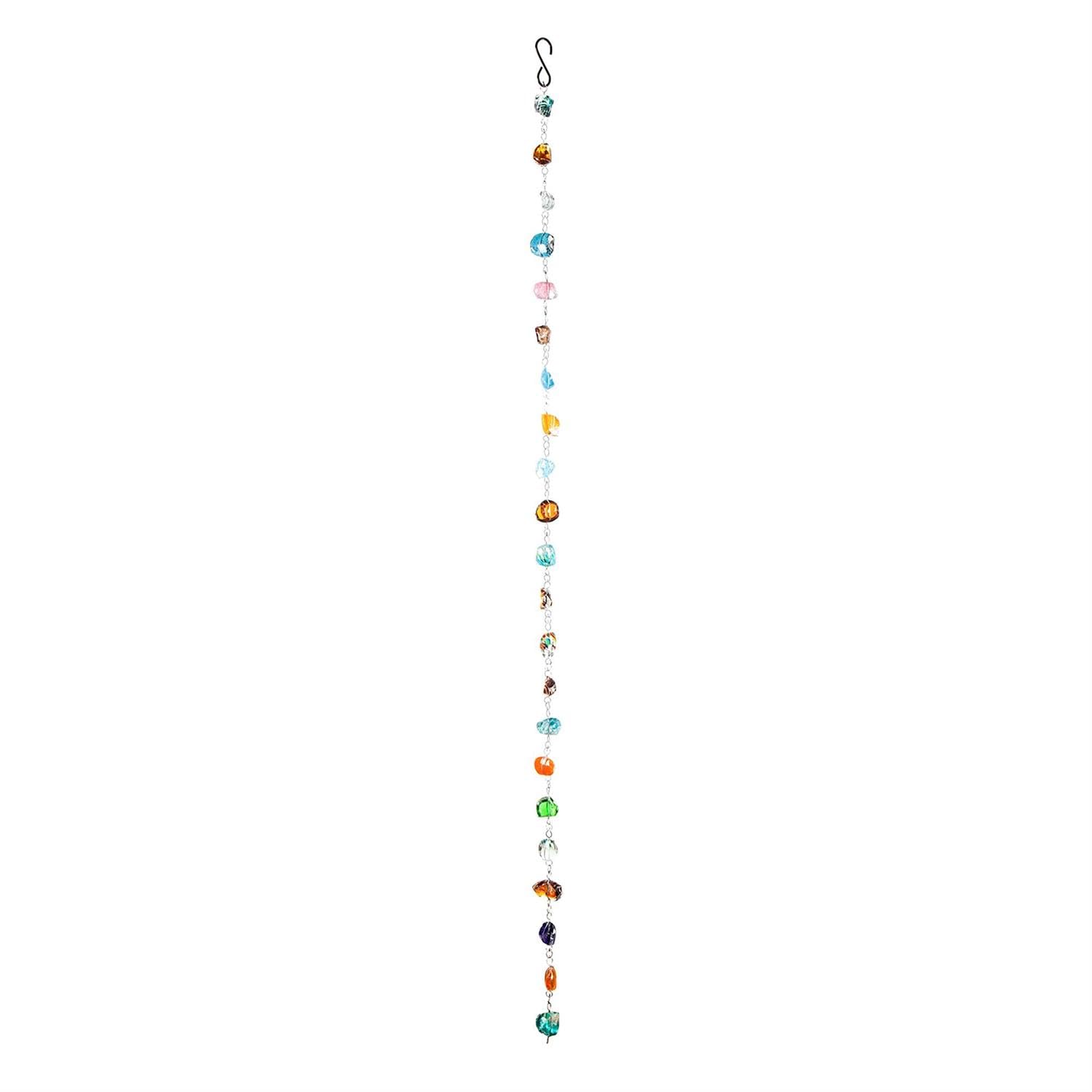 Evergreen Garden front view of colorful rain chain providing decorative water diversion