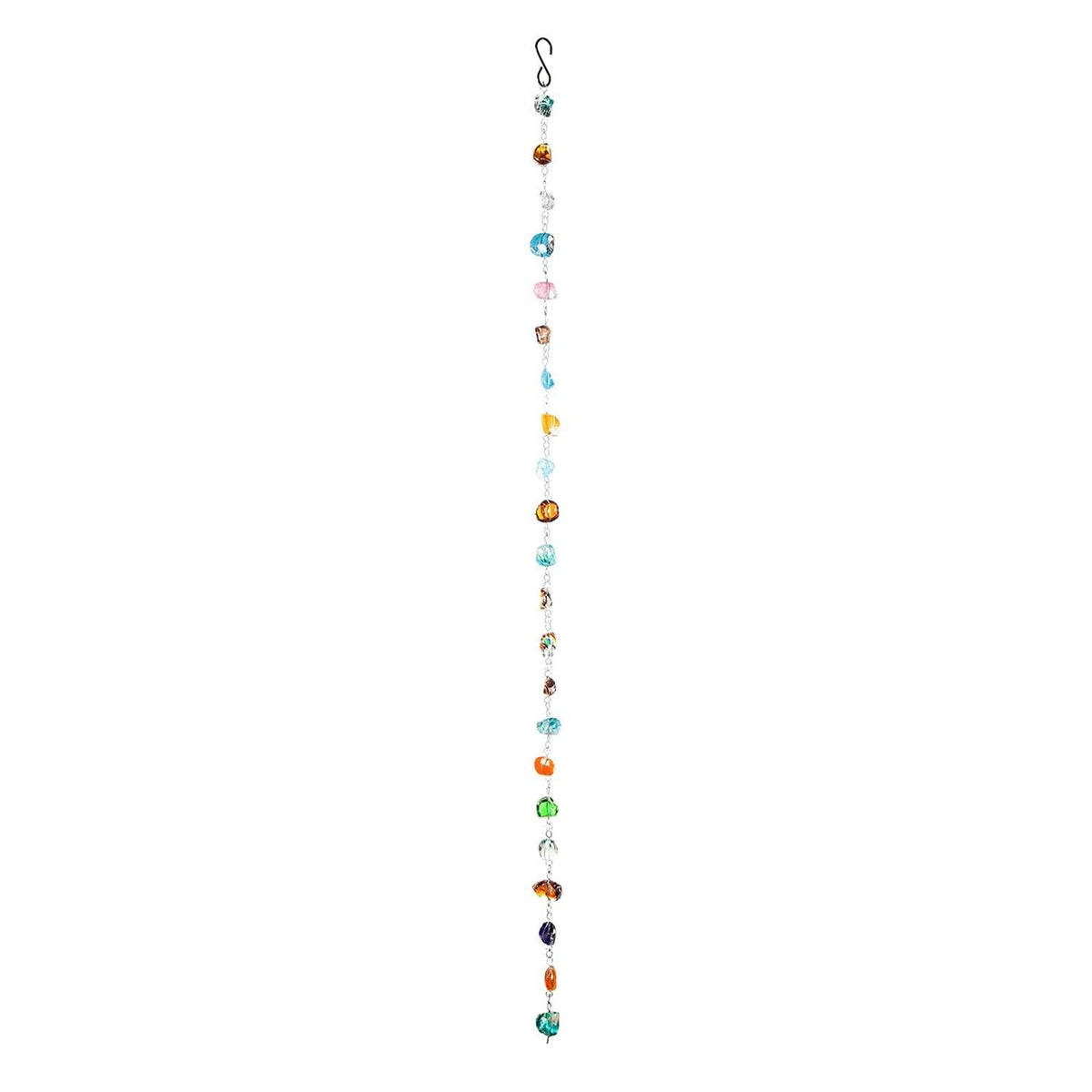 Evergreen Garden front view of colorful rain chain providing decorative water diversion