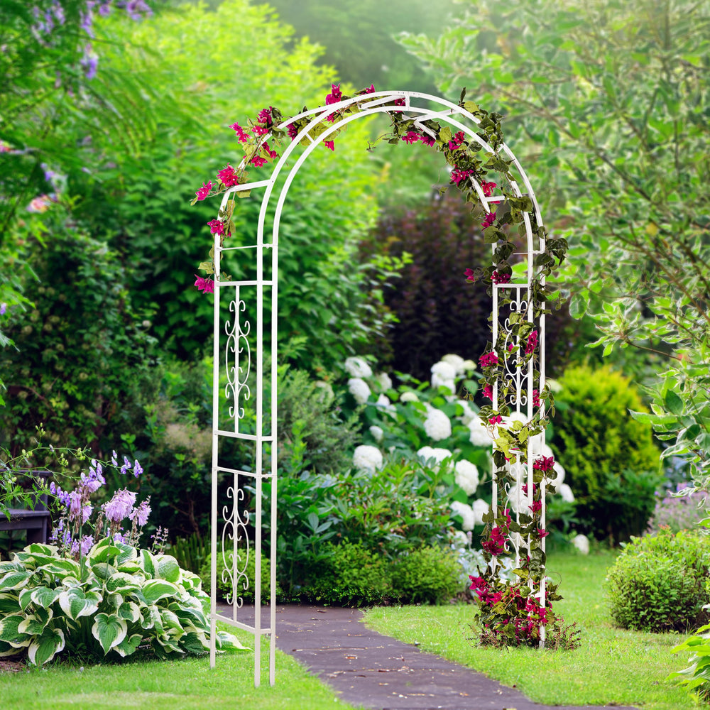 Evergreen Garden front view of white Montebello arbor showing elegant entryway and curb appeal