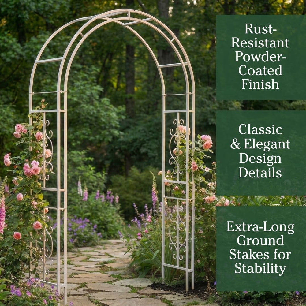Evergreen Garden arbor next to person showing 7-foot height and scale for tall plants