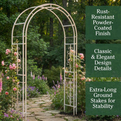 Evergreen Garden arbor next to person showing 7-foot height and scale for tall plants