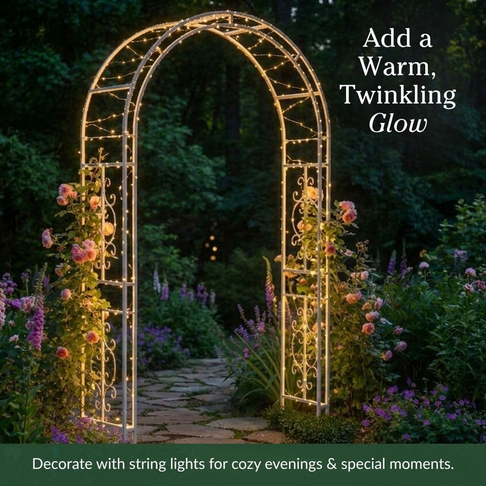 Evergreen Garden arbor adorned with climbing flowers showing visual impact and support