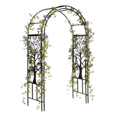 Evergreen Garden front view of metal arch shows decorative Tree of Life and curb appeal