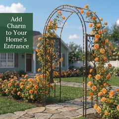 Evergreen Garden arch installed on pathway creates framed entrance and welcoming look
