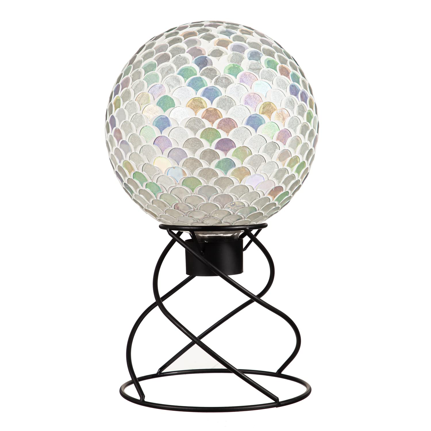 Evergreen Garden stand holding a gazing ball in a flower bed adding reflective focal point