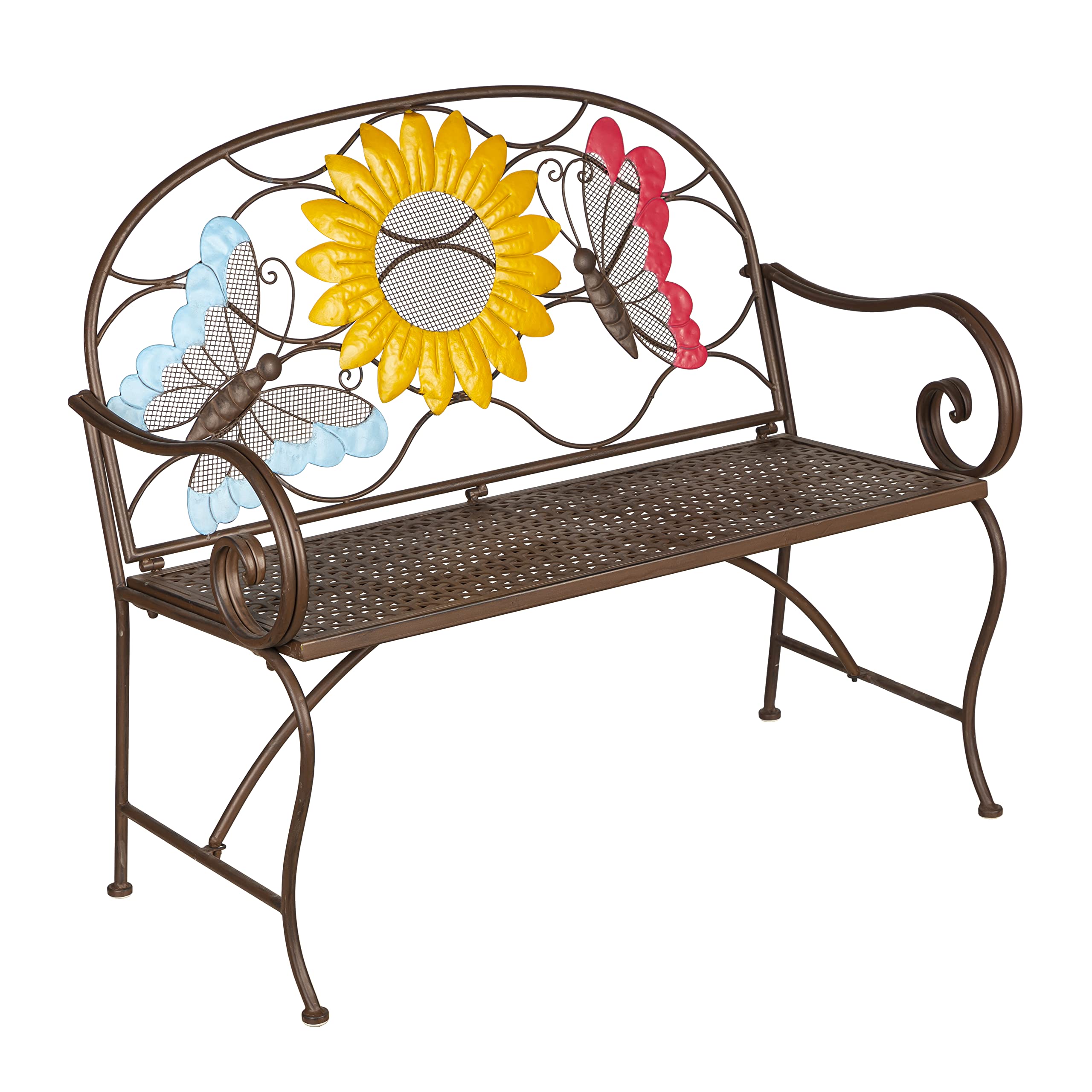 Evergreen Garden bench front view showing sunflower motif and seating comfort