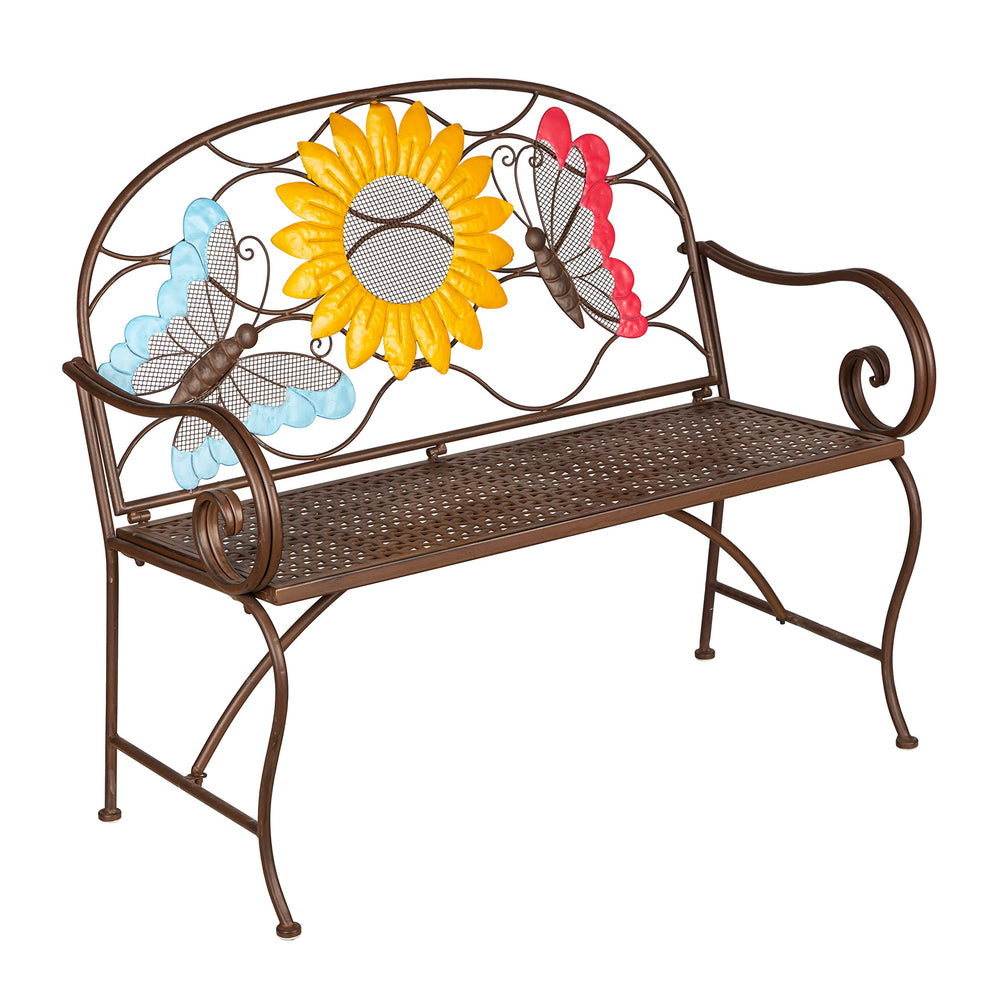 Evergreen Garden bench front view showing sunflower motif and seating comfort