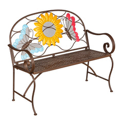 Evergreen Garden bench front view showing sunflower motif and seating comfort