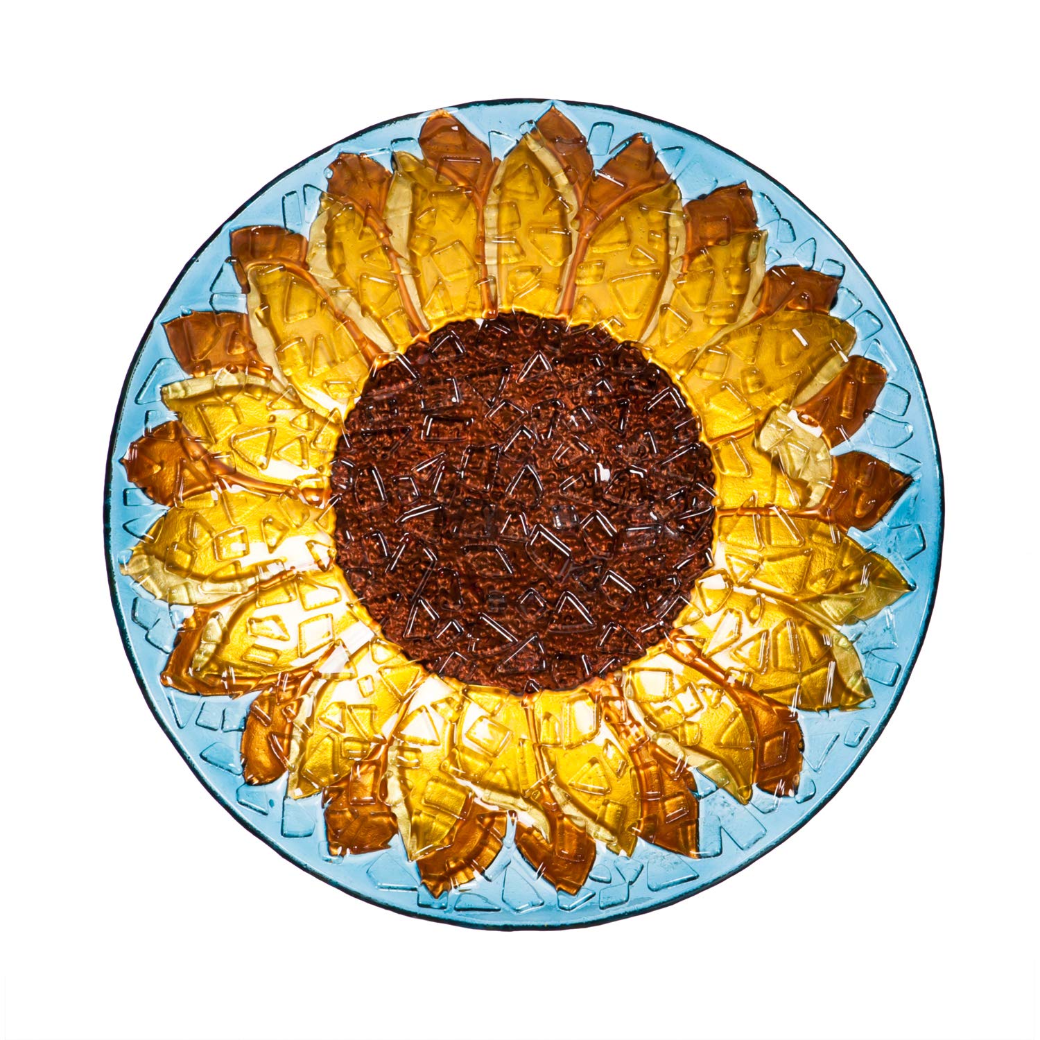 Evergreen Garden close-up of hand-painted sunflower and embossed glass texture, highlights durable finish