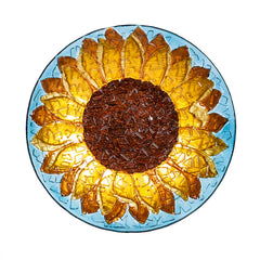 Evergreen Garden close-up of hand-painted sunflower and embossed glass texture, highlights durable finish