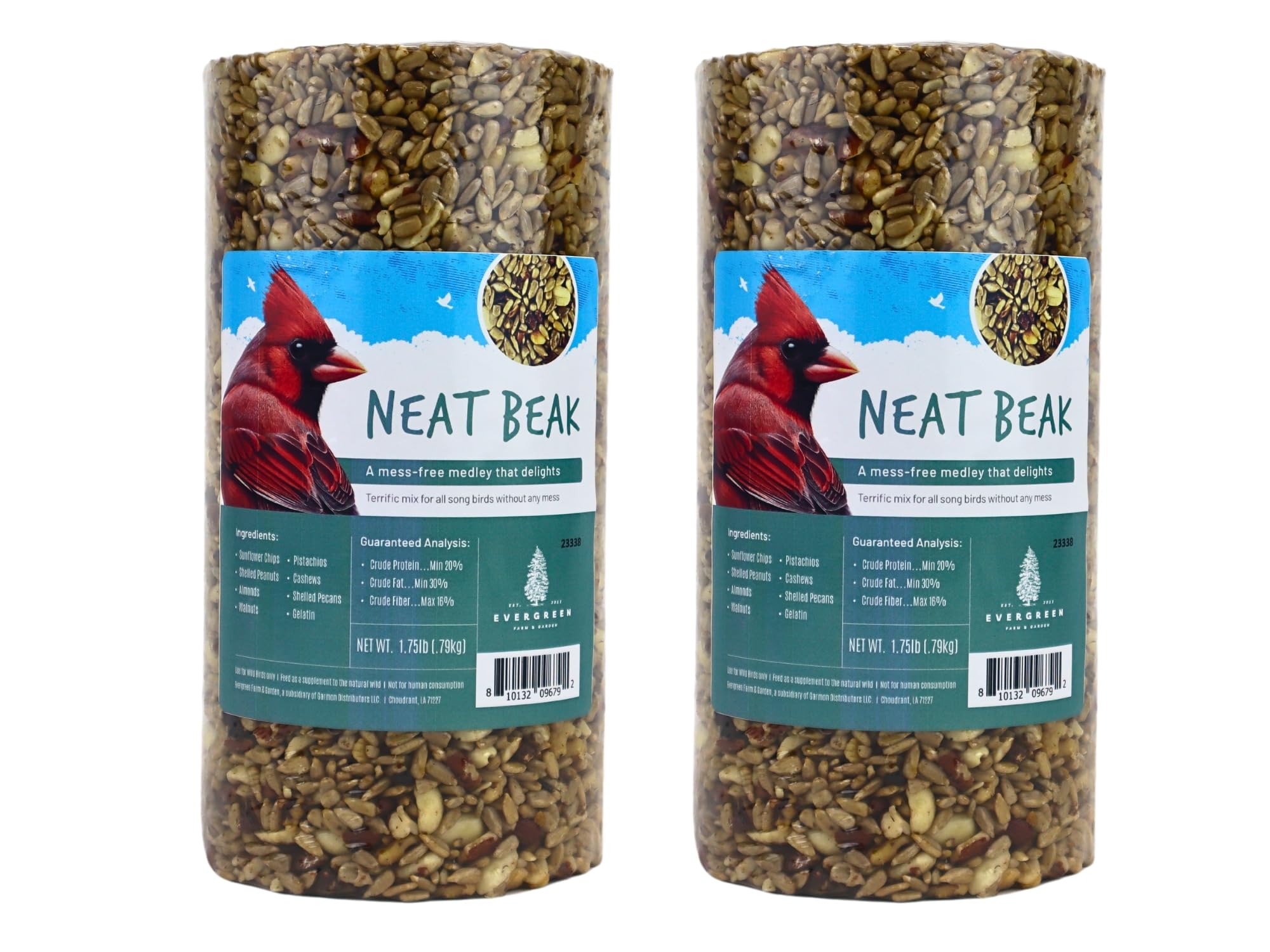 Evergreen Farm and Garden front packaging showing two small Neat Beak cylinders and benefits