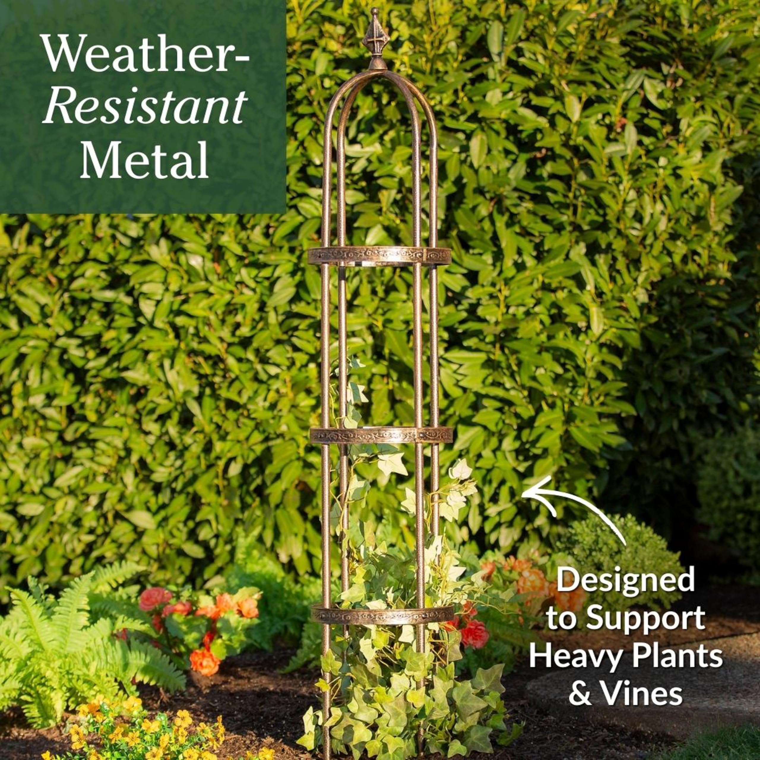 Evergreen close-up of finial and floral bands providing secure vine attachment points