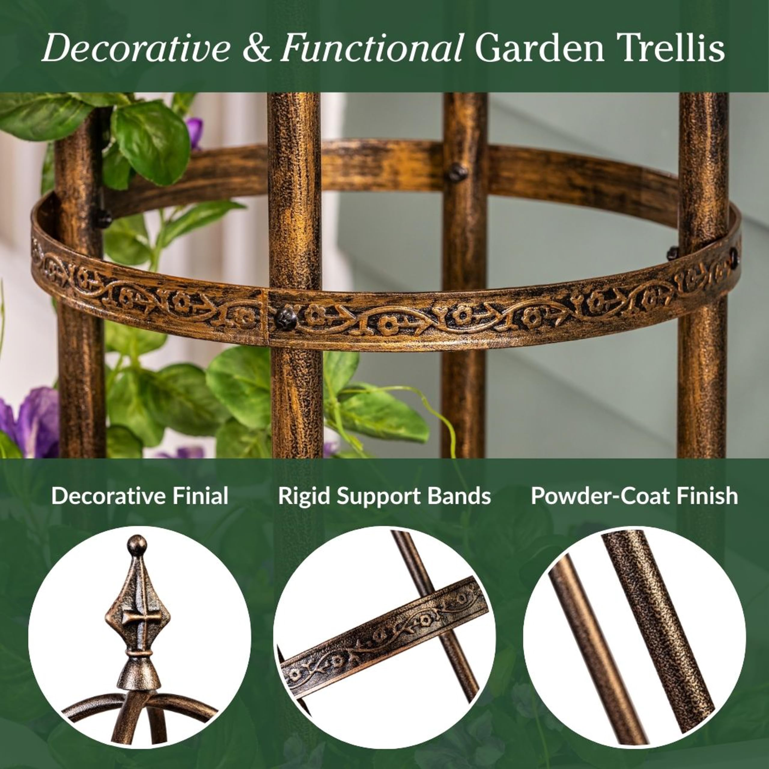 Evergreen obelisk placed in a clay planter offering vertical support for potted vines