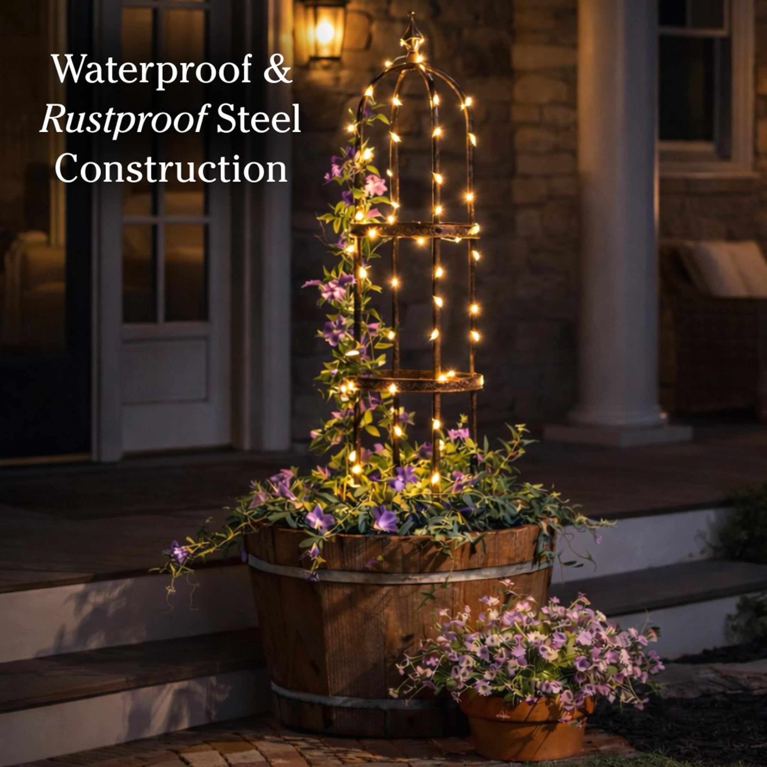 Evergreen obelisk in patio scene adding antique copper style and garden focal point