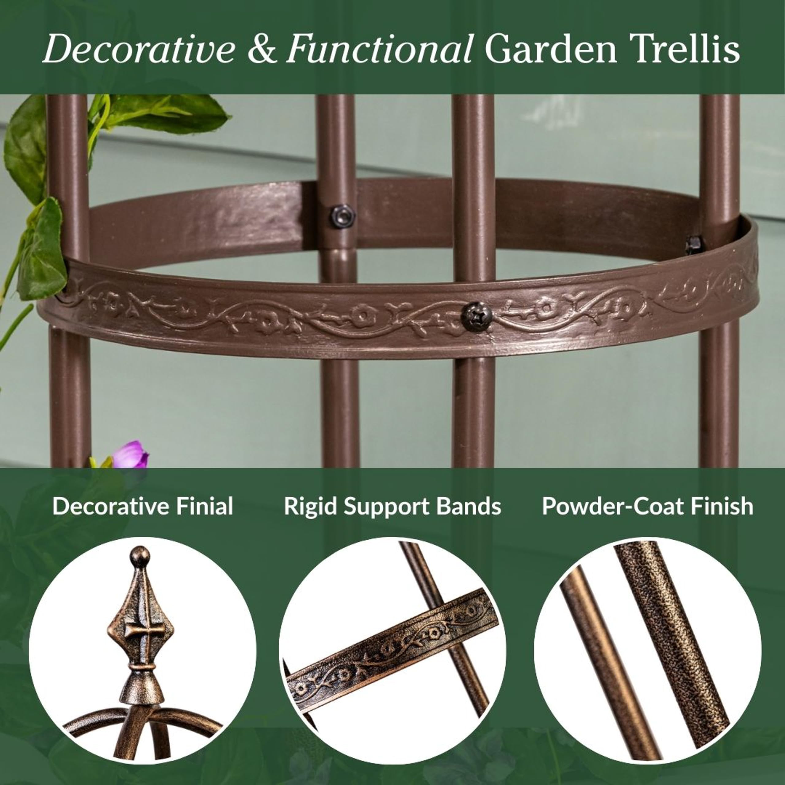 Evergreen trellis placed in a large planter showing space-saving vertical gardening benefit