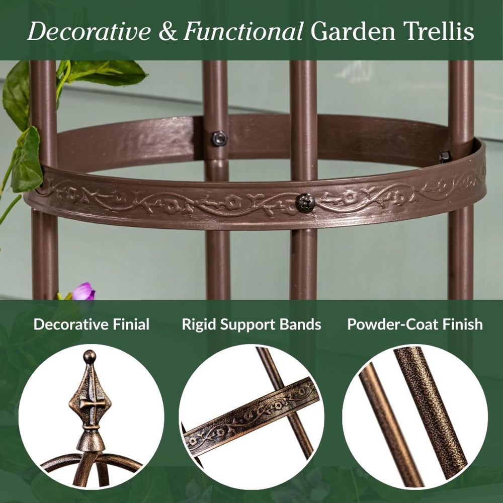 Evergreen trellis placed in a large planter showing space-saving vertical gardening benefit