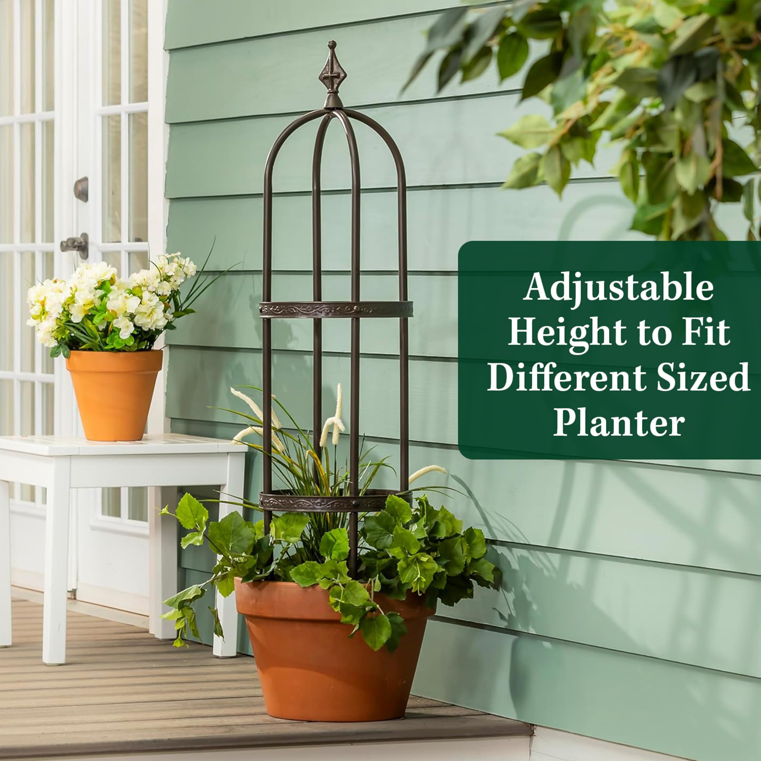 Evergreen trellis beside garden chair showing scale and decorative garden enhancement benefit
