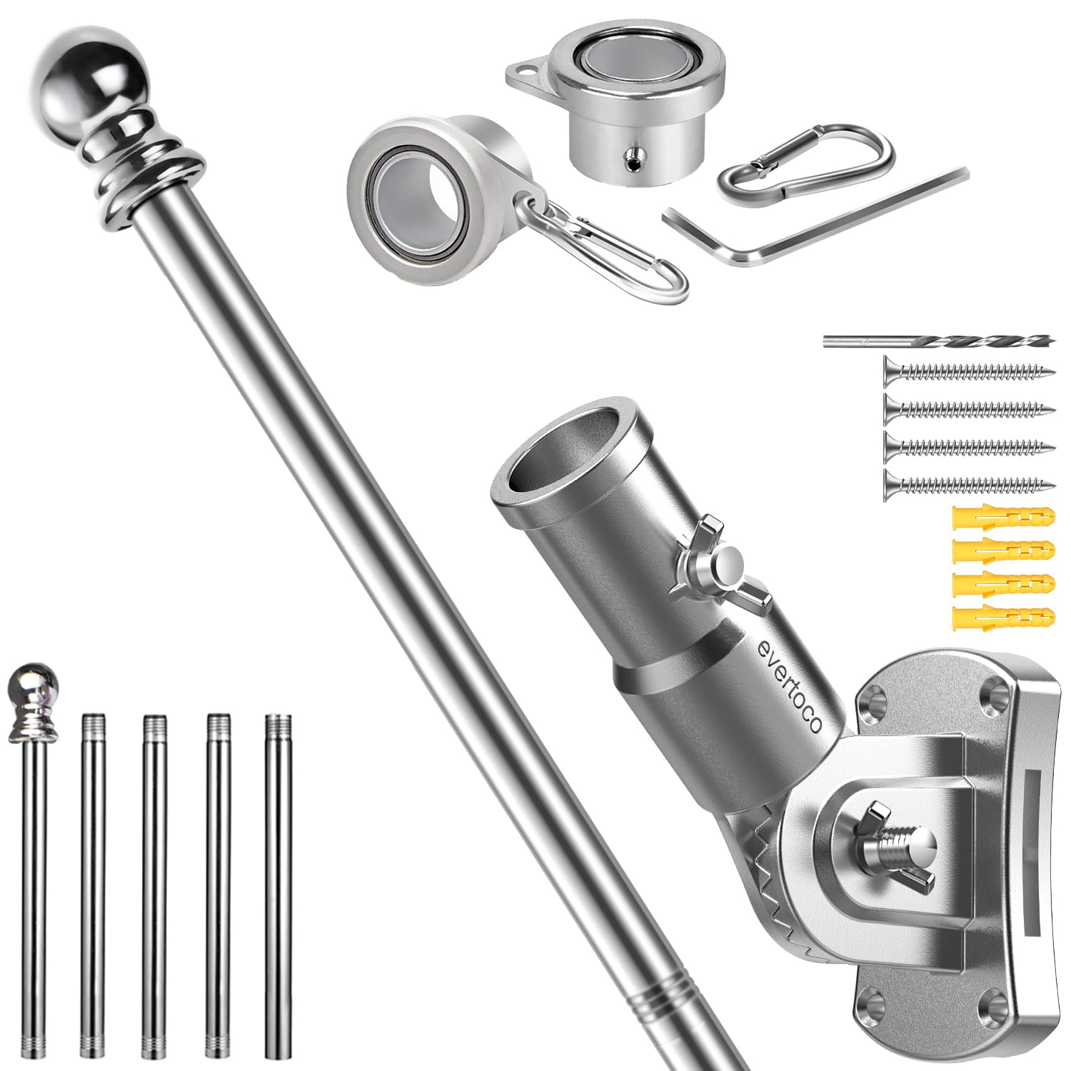 evertoco front view of assembled 6ft stainless flag pole showing clean finish and strength