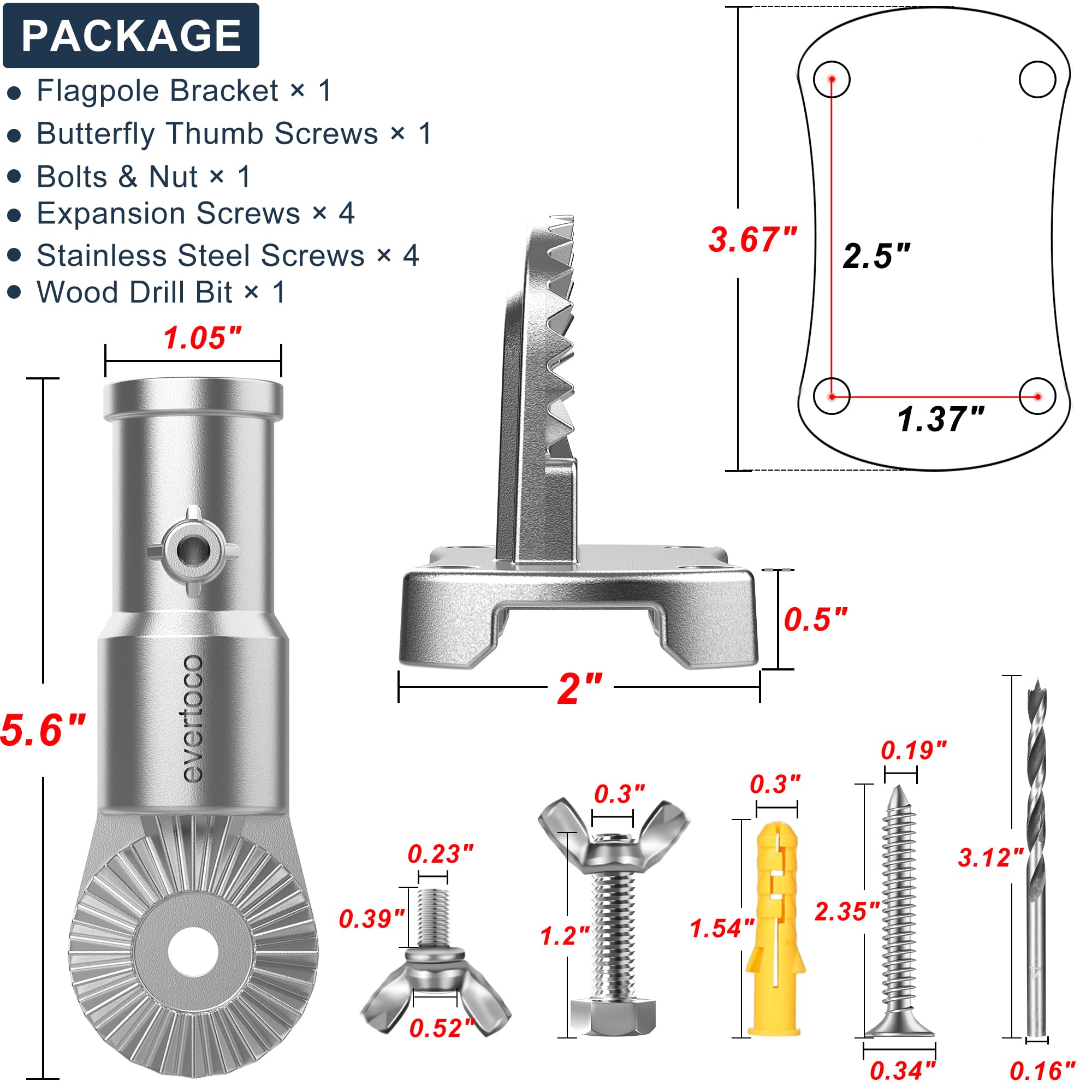 evertoco bracket next to a 1-inch flagpole illustrating compatible pole sizing