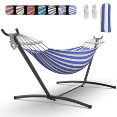 EveryFun double hammock front view showing blue and white cotton bed and steel stand for comfortable lounging