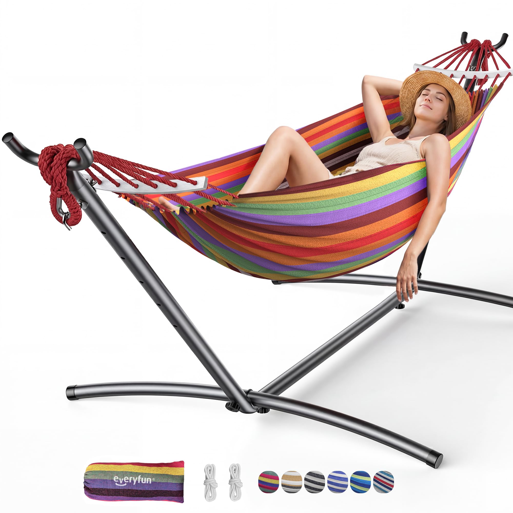 EveryFun double hammock full setup on lawn showing relaxation benefit