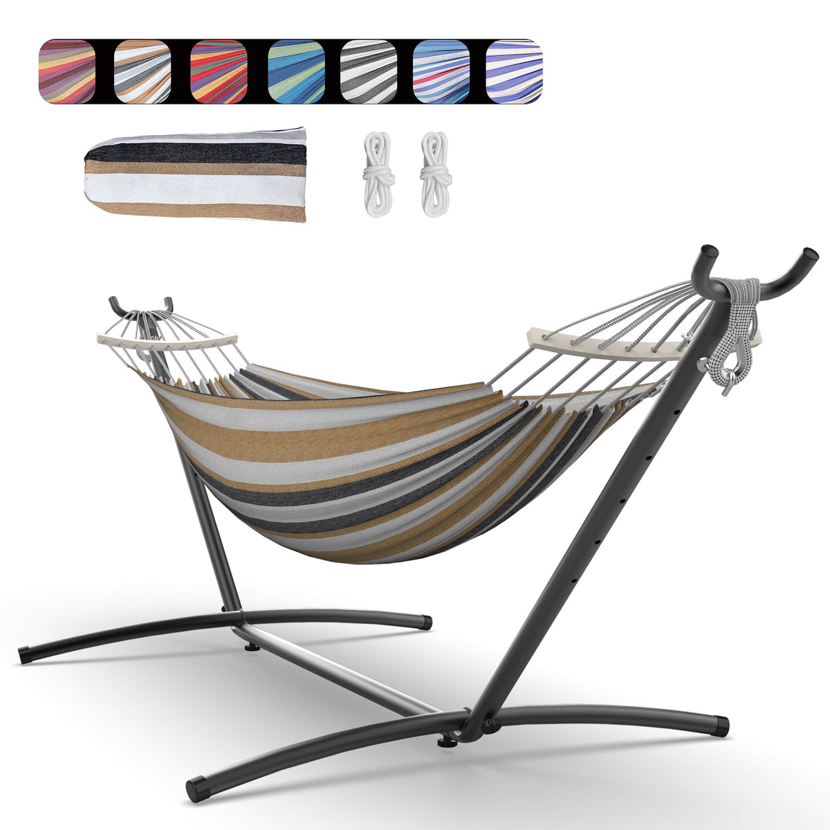 Everyfun hammock front view showing full bed and stand for comfortable lounging