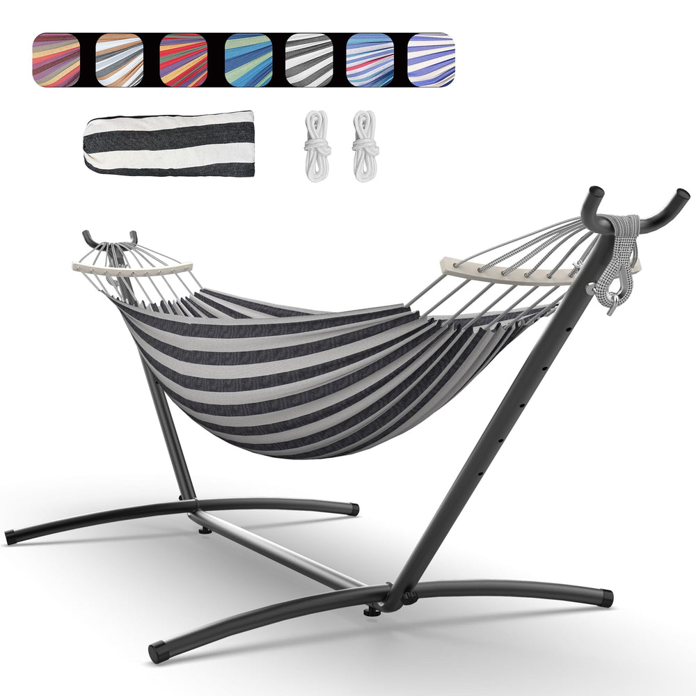 Everyfun front view of hammock and steel stand showing full setup and comfort
