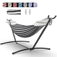 Everyfun front view of hammock and steel stand showing full setup and comfort