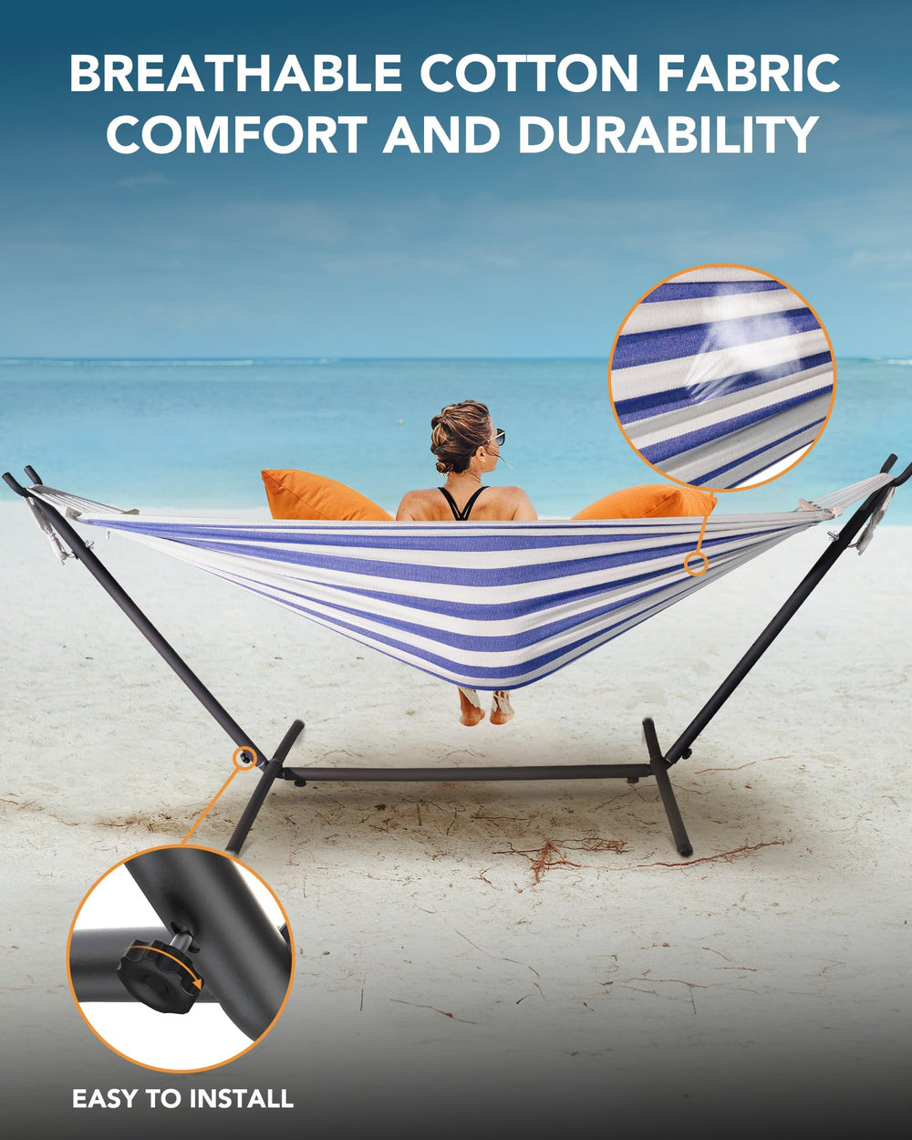 EveryFun hammock size comparison with person to demonstrate spacious two-person capacity and scale