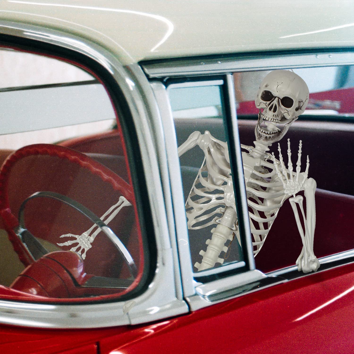 EVINIS assembled skeleton in yard dressed for spooky party atmosphere
