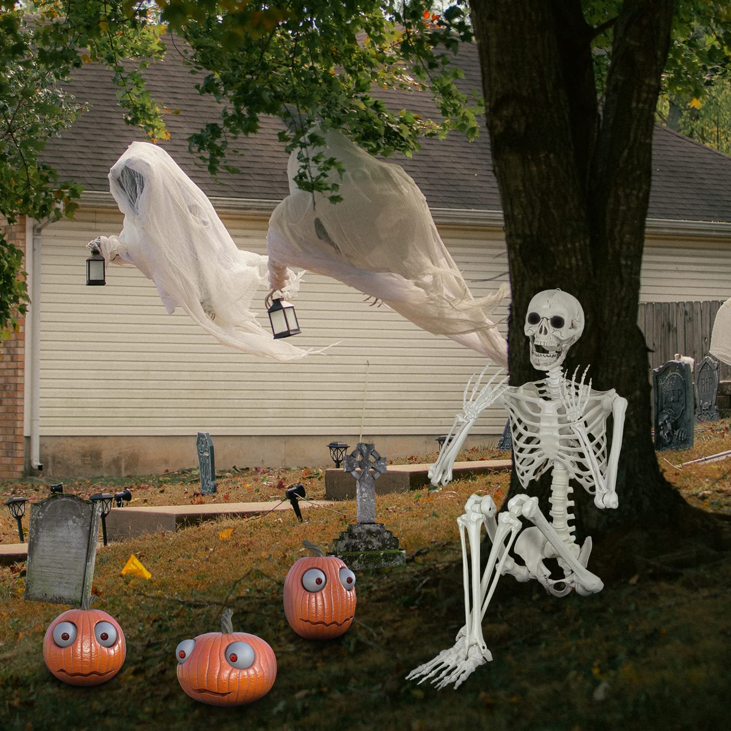 EVINIS skeleton next to chair showing true-to-life 5.4ft scale for placement