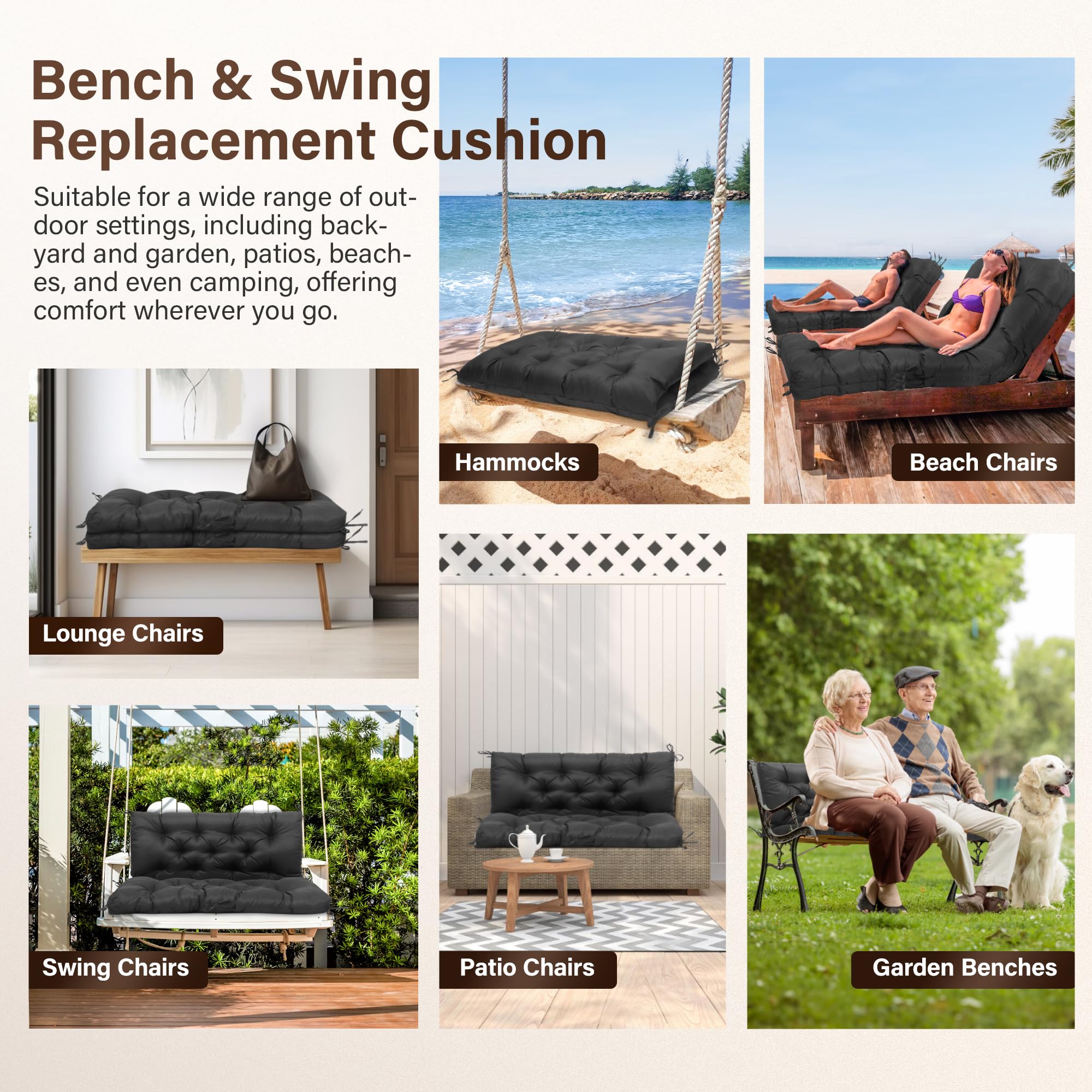 EVJUICION cushion on a porch swing in a lifestyle scene for outdoor comfort