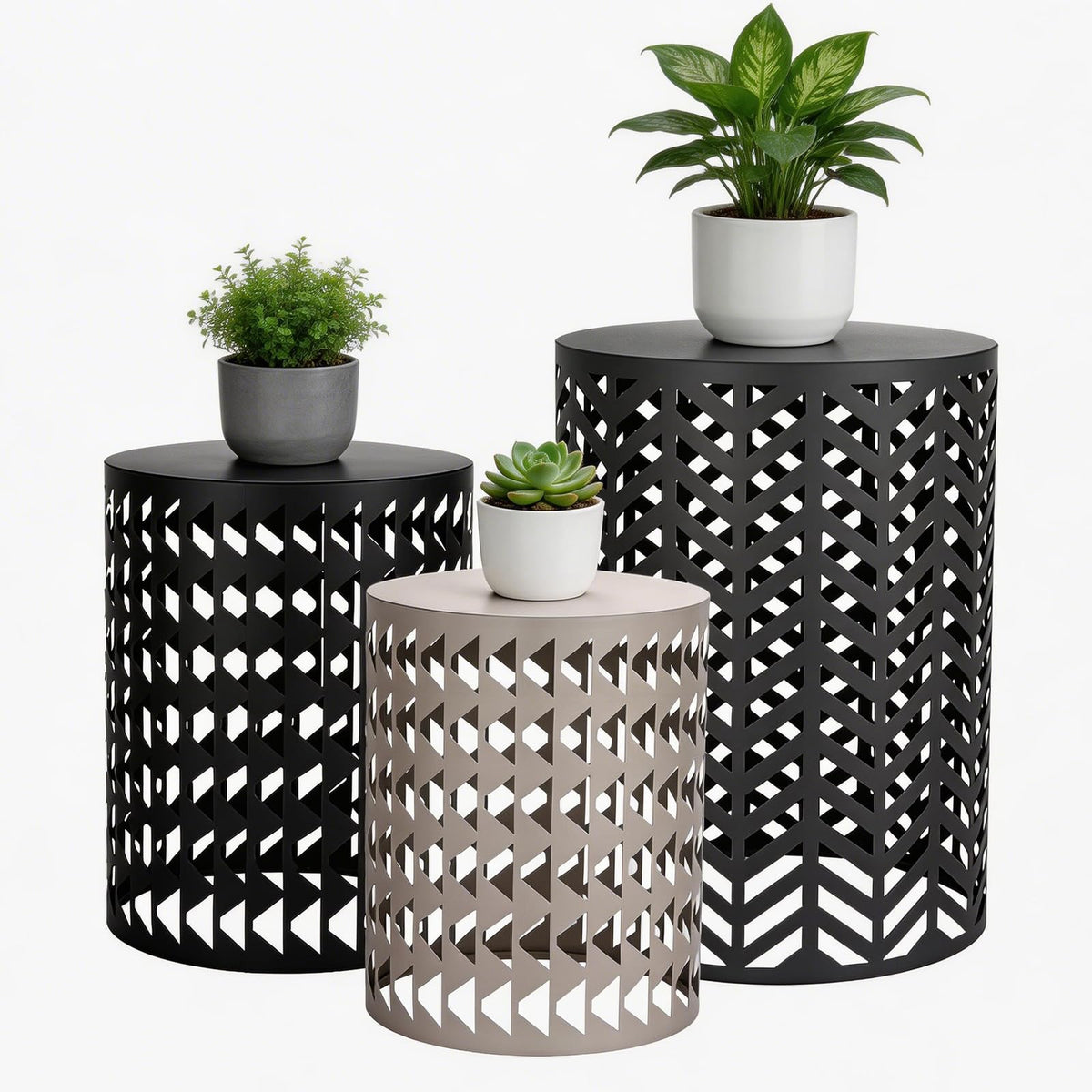 EVLIQUIL front view of stacked tables showing compact storage and modern style