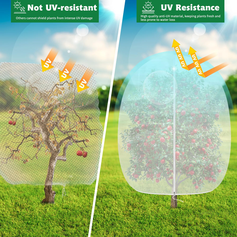 Evoio gardener placing net over young sapling for reliable shield