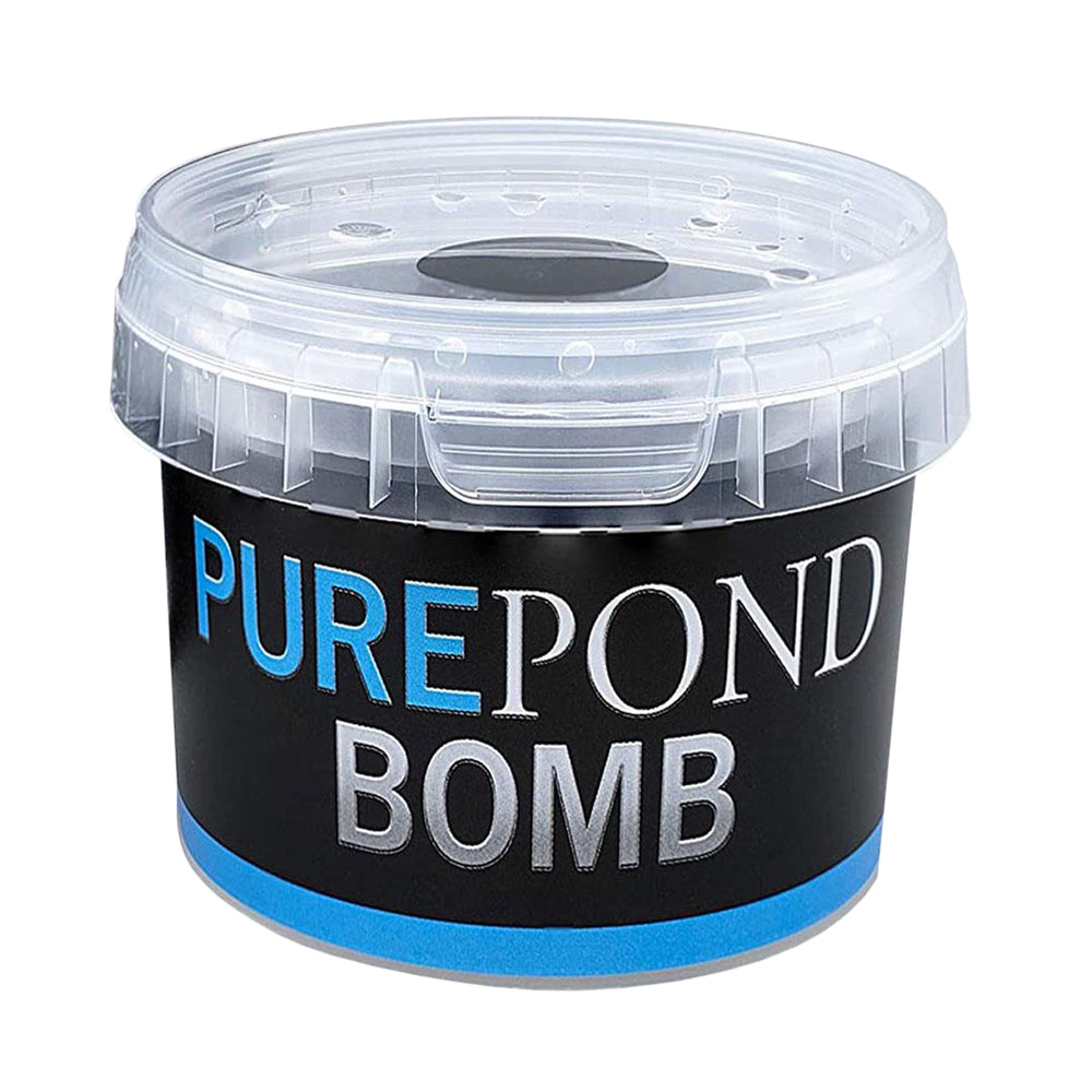 Evolution Aqua Pure Pond Bomb next to measuring cup showing dosing scale and ease of use