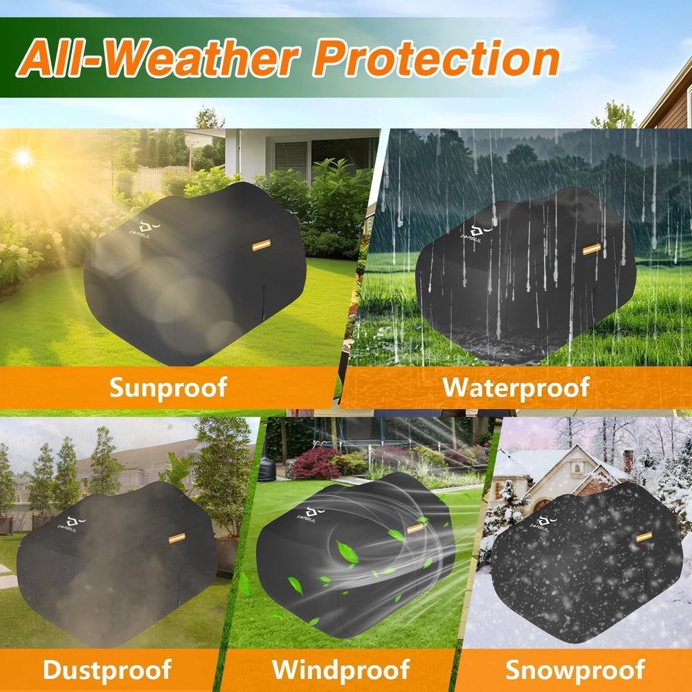 EVRBUL cover protecting riding mower parked on driveway and lawn