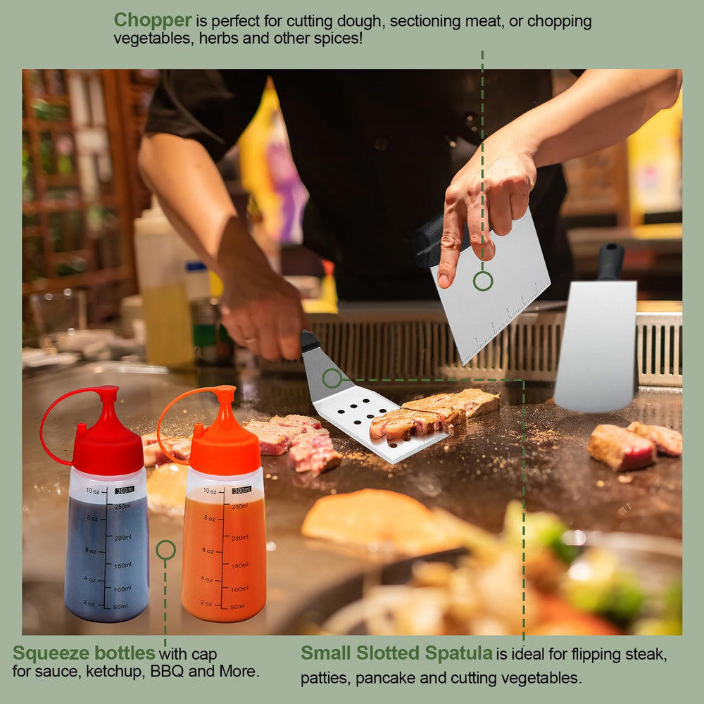 EWFEN squeeze bottles with egg rings on griddle showing precise portioning