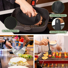 EWFEN tools in use on a griddle demonstrating controlled cooking and flipping